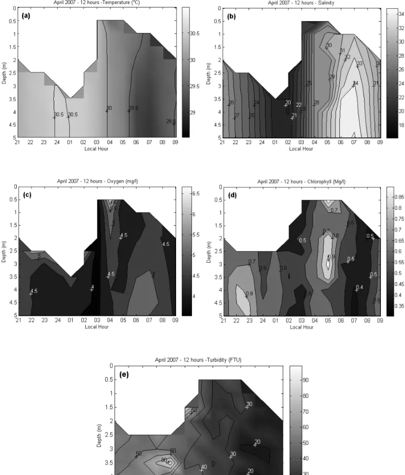 Figure 5 – Vertical temporal variation (12 hours) of temperature (a), salinity (b), dissolved oxygen (c), chlorophyll-a (d) and turbidity (e) in the estuary mixture zone of the Jaguaribe river (Station 01) in April/2007.