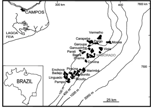 Figure 1 – Location of Campos Basin with major oil fields (Milani et al., 2000).