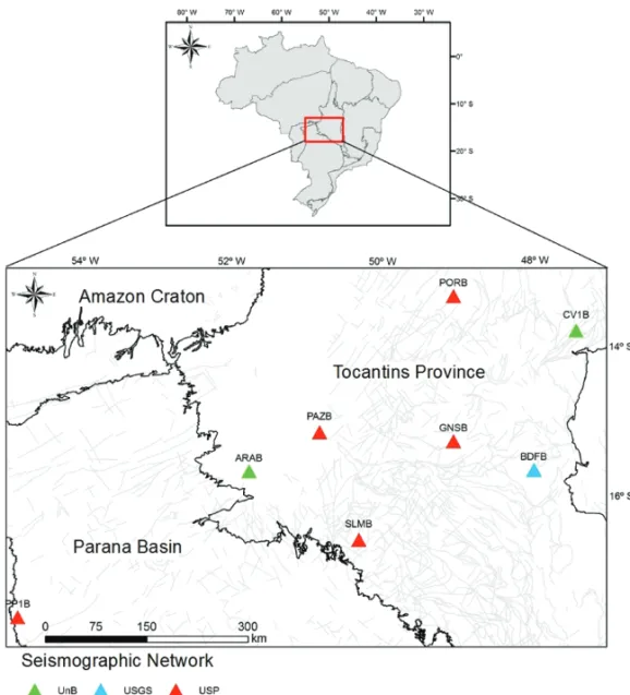 Figure 1 – Map of seismographic stations in Central Brazil. The triangles indicate the stations that were used in this paper.