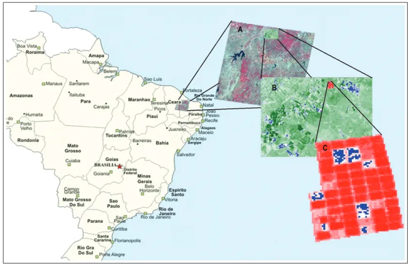 Figure 1 – Representation of the study area, enhancing the Cear´a State (A), area of interest (B) and Frutacor Farm (C).