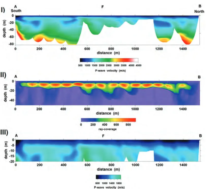 Figure 5 – P-wave velocities model obtained using the tomography of the refracted P waves travel times (I); Raypath coverage image (II); Detail of the inversion (presented in I) up to 20 m of depth (III).