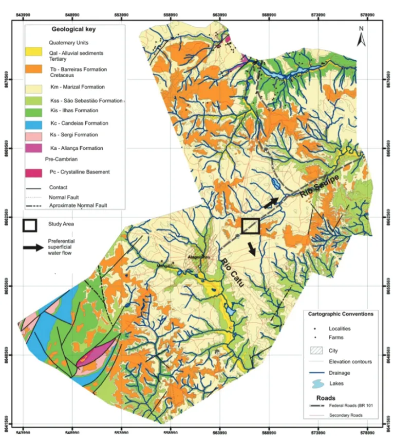 Figure 2 – Geologic map of Alagoinhas County showing the location of the study area (based on Porci´uncula, 2007).