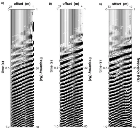 Figure 6 – Field records transformed for the swept-frequency domain. Recorded (A) with mini- mini-mum offset of 1 meter, (B) minimini-mum offset of 4 meters, and (C) minimini-mum offset of 10 meters.