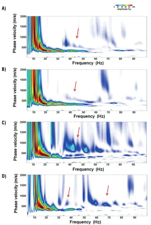 Figure 7 – Dispersion images generated from seismic records obtained using minimum offsets of 1 (A), 4 (B), 9 (C) and 15 meters (D)