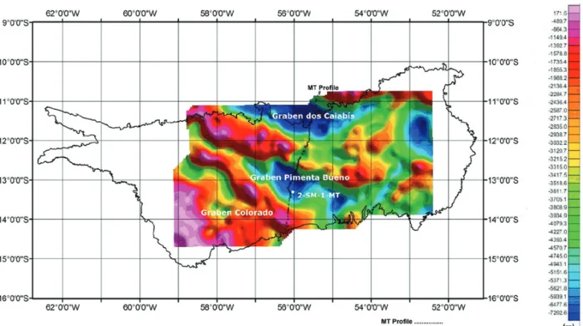 Figure 13 – 3-D gravity modeling of the basement topography beneath the Parecis Basin and the main tectonic features (Braga &amp; Siqueira, 1995)