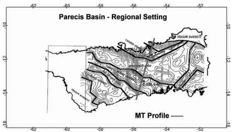 Figure 4 – Three-dimensional modeling of the geometry of the Parecis Basin obtained through gravimetric data (Braga &amp; Siqueira, 1995).