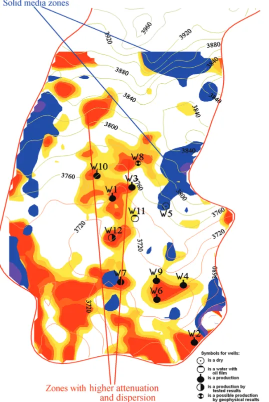 Figure 15 – An example of map for the target horizon features analysis constructed on the basis of the Prony filtration method.