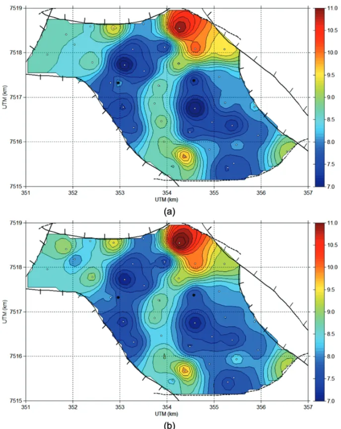Figure 7 – Spatial variation of EI through the Namorado reservoir at 3080 m depth: (a) EI iso (40 ◦ ) and (b) EI vti (40 ◦ )
