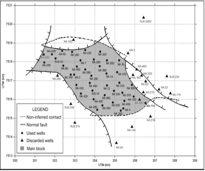 Figure 1 – Structural map of Namorado oil field, offshore Campos basin, Brazil. This figure shows the main production and development vertical wells drilled in the area