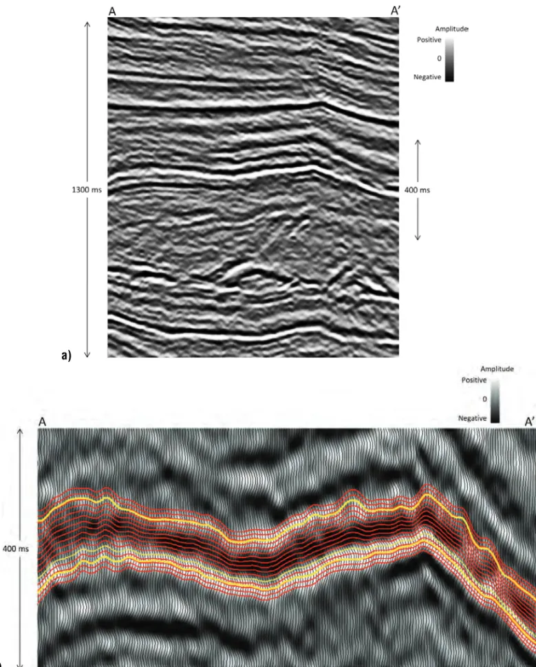Figure 2 – a) Seismic line; b) Proportional horizon slices between the base of the reservoir and an overlying intermediate stratigraphic horizon.