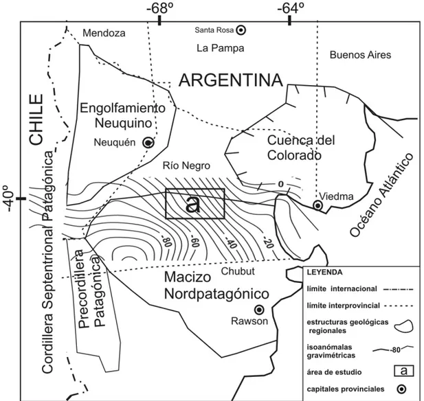 Figura 3 – Mapa de anomal´ıas regionales de Bouguer. Isoan´omalas cada 5 mGal obtenida por el m´etodo de prolongaci´on ascendente del campo potencial a una altura de 35 km