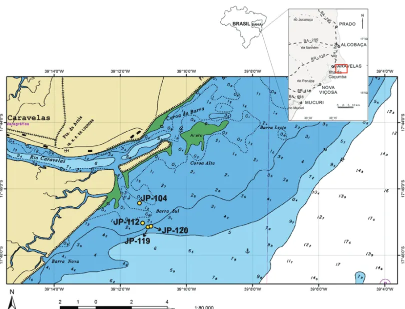 Figura 1 – Mapa batim´etrico com a localizac¸˜ao dos pontos de coleta dos testemunhos JP-104, JP-112, JP-119 e JP-120 (Carta N´autica 1310).