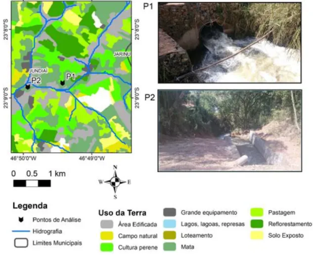 Figura 2. Localização e imagem dos pontos de observação P1 e P2 da análise da paisagem na bacia do rio Jundiaí Mirim