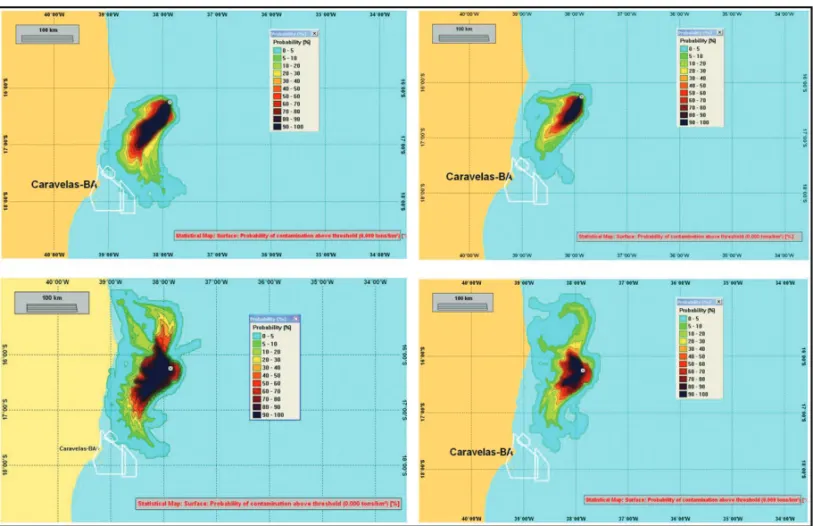Figure 6 – Maps of probability of surface oil presence for J-M-259 spills, resulting from spillage of 192 m 3 .day –1 occurring without contingency during 30 days.