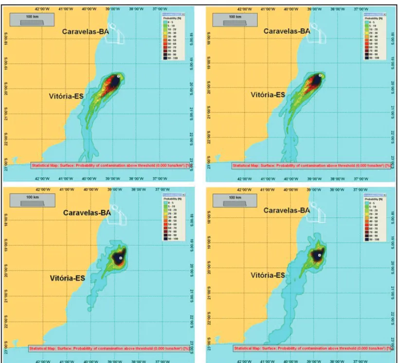 Figure 7 – Maps of probability of surface oil presence for ES-M-418 spills, resulting from spillage of 192 m 3 .day –1 occurring without contingency during 30 days.