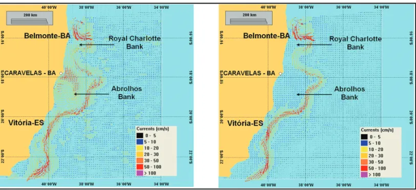 Figure 3 – Summer period snapshots of ocean currents with (left hand side panel) and without (right hand side panel) the application of the 40h low-pass Lanczos- Lanczos-cosine filter.