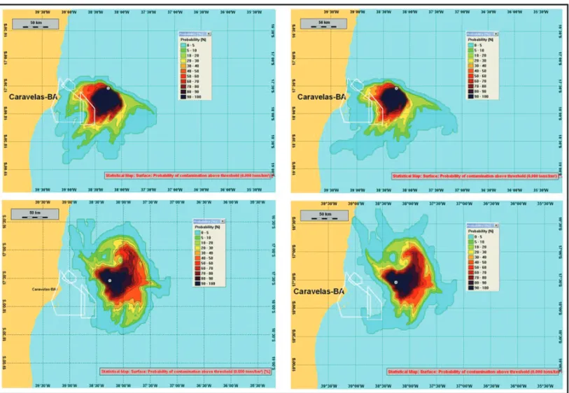 Figure 5 – Maps of probability of surface oil presence for BM-CUM-2 spills, resulting from spillage of 192 m 3 .day –1 occurring without contingency during 30 days.