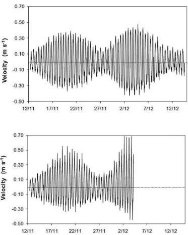 Figure 7 – Variation of the depth averaged longitudinal component of the current velocity at stations #101 (upper) and #201 (lower) during the dry season of 2002