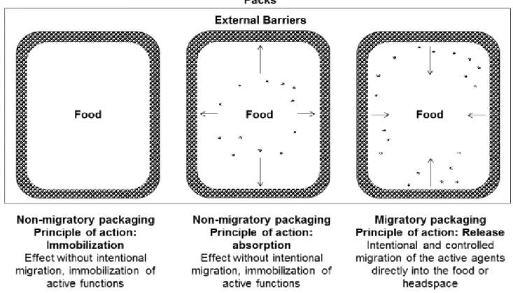 Figure 1. Scheme of the two types of active packages in food contact, classified according to intentional or unintentional  migrations
