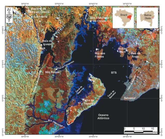 Figure 1 – Satellite image of Ba´ıa de Todos os Santos (BTS) along with the location of important landmarks and drainage channels