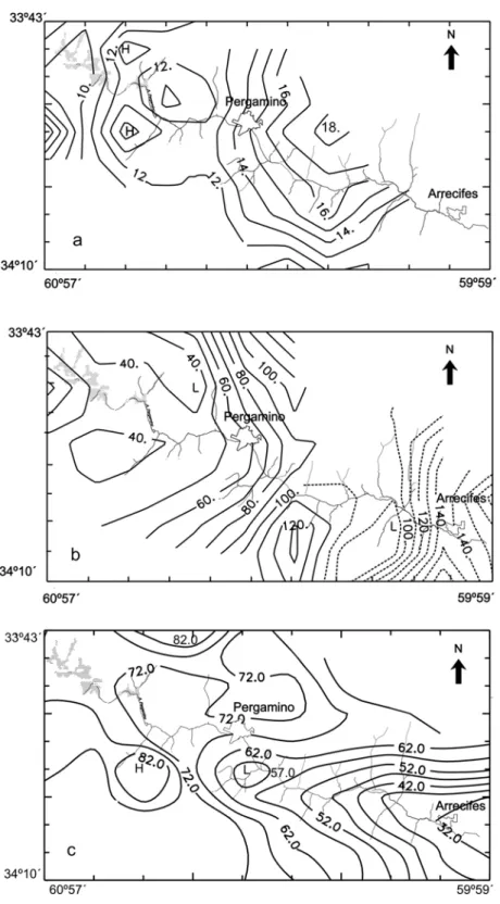 Figure 6 – a. Distribution of bulk resistivity of the Pampeano aquifer (at nearly 25–30m depth ) interpolated by kriging using parameters of the semivariogram model