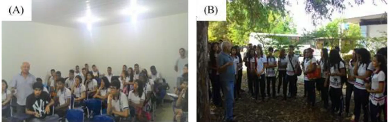 Figura 3. Oficinas teóricas de capacitação de estudantes, comunitários e agricultores rurais (A) e prática no Meliponário  Demonstrativo da UEMA (B) 