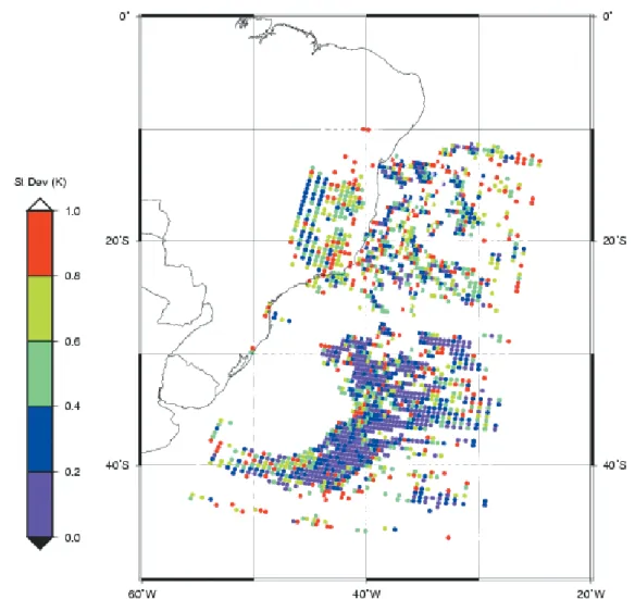 Figure 6 – Standard deviation estimates (test T4) for each area within a 3 × 3 pixel from NOAA 15 image on February 23, 2000 at 10:02 UTC.