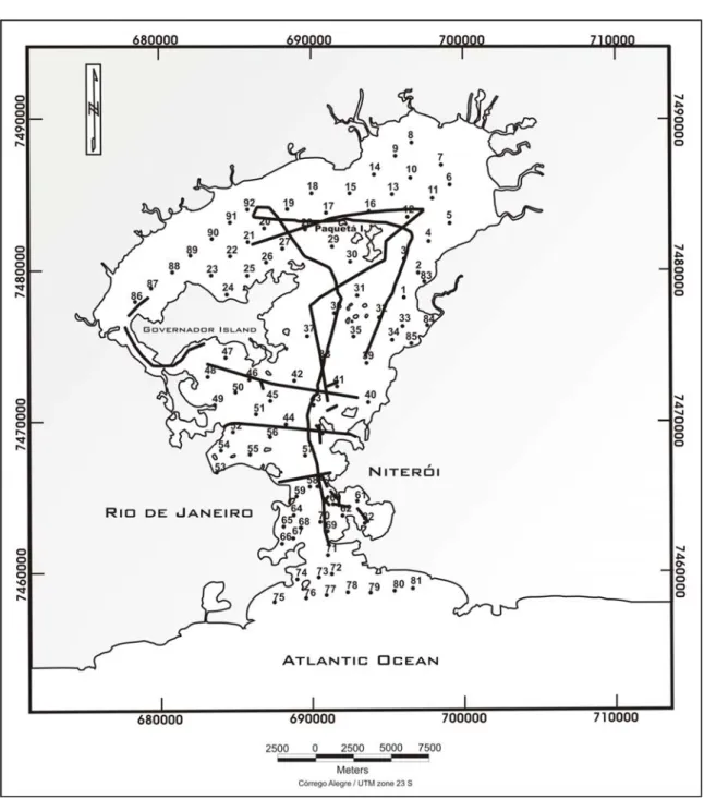 Figure 3 – The map with the position of the superﬁcial samples and the seismic lines.