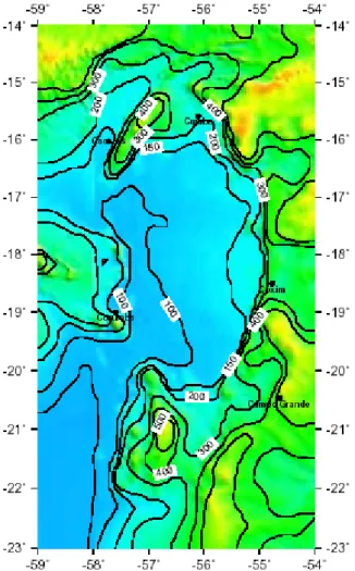 Figure 2 - Shaded relief map of the study area with contours in meters representing the average topography of the gridded (5 km x 5 km) data