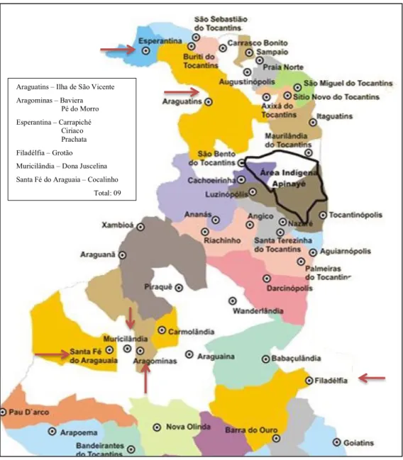 Figura 1. Mapa que demonstra as ocorrências de comunidades quilombolas no Estado do  Tocantins, originalmente elaborado por Luciano Pereira, adaptado pela autora através de um  recorte da região norte do estado para localizar as comunidades remanescentes d