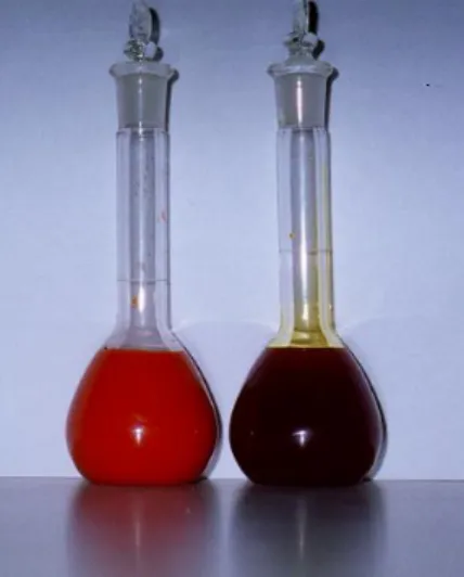 Figura 1 - Soluções aquosas corantes de bixina microencapsulada e norbixinato respectivamente