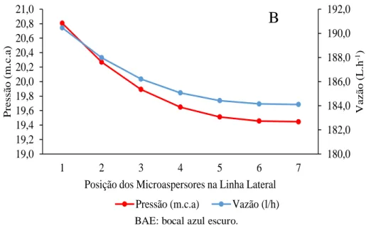 Figura 3B. Gradiente de pressão e vazão para o microaspersor com BAE ao longo da linha lateral