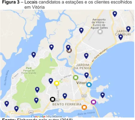 Figura 3 – Locais candidatos a estações e os clientes escolhidos                     em Vitória 