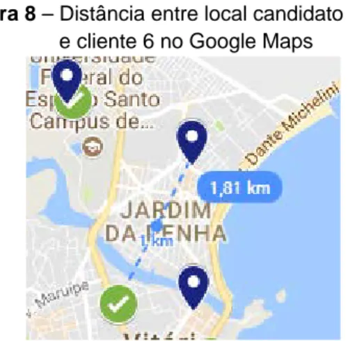 Figura 8 – Distância entre local candidato 1                     e cliente 6 no Google Maps 