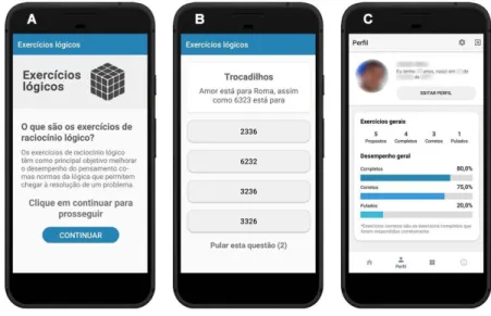 Figura 2. Capturas de tela exibindo a tela de Exercícios Lógicos e sua descrição (A), um exercício sendo realizado (B)  e o perfil do usuário, com informações e estatísticas de progresso nos desafios (C)