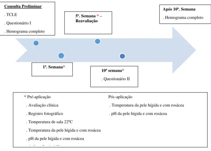 Figura 3  – Linha do tempo do tratamento com a terapia de fotobiomodulação dom o uso do LBI em pacientes com  rosácea eritêmato-telangiectásica 