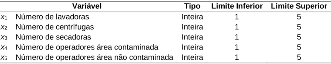 Tabela 4 - Variáveis de decisão, tipo e limites para o segundo objeto de estudo 