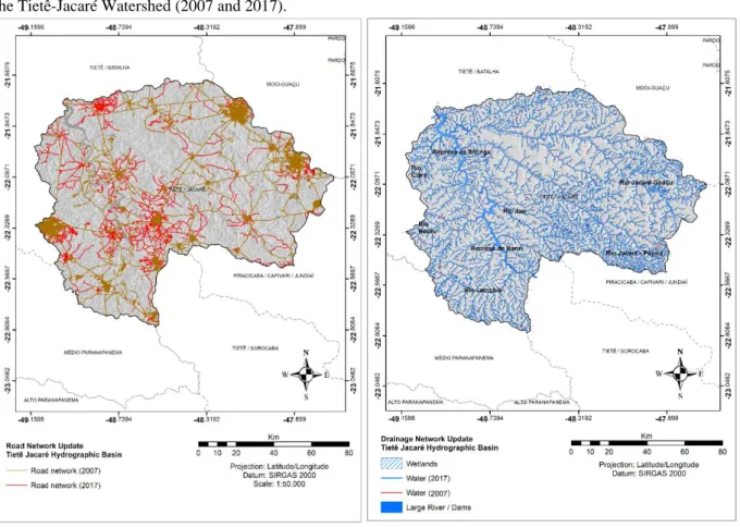 Figure 3: Road network of the Tietê-Jacaré Hydrographic Basin (2007 and 2017).         Figure 4: Drainage network of  the Tietê-Jacaré Watershed (2007 and 2017)