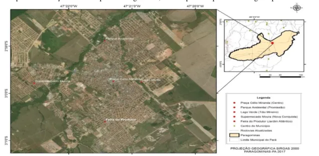 Figura 1: Mapa de localização do município de Paragominas, com respectivos pontos estratégicos para coleta de dados