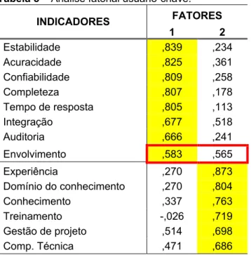 Tabela 5 – Análise fatorial usuário-chave.