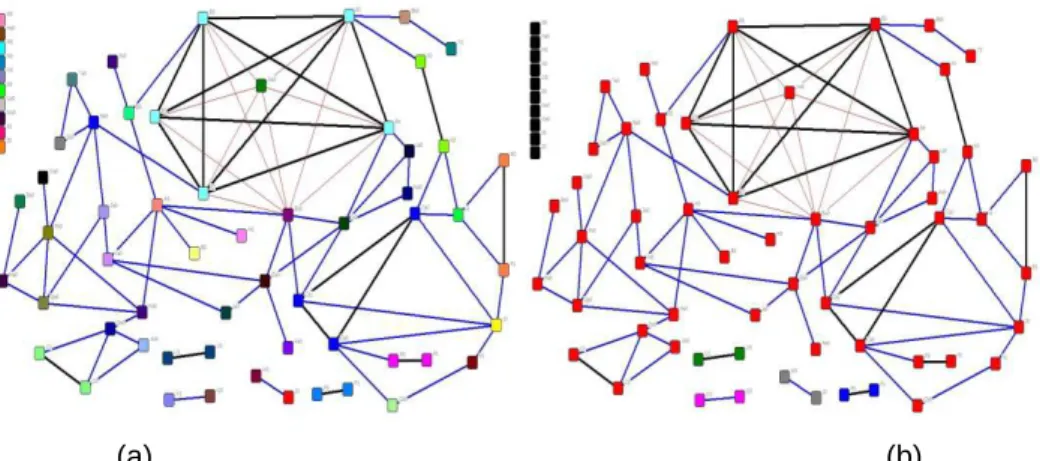 Figura 3 - Representação gráfica da rede social. (a) diferenciação das empresas pela cor dos vértices  e  da  natureza  de  interação  pela  cor  das  arestas