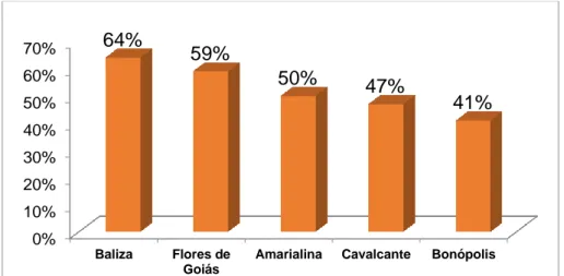 Figura 05: Municípios goianos que apresentam mais de 40% de famílias beneficiadas pertencentes ao  grupo específico  rural