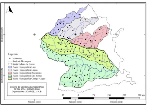 Figura 2. Área de contribuição das microbacias sobre Santa Helena de Goiás, bem como localização das  nascentes mapeadas