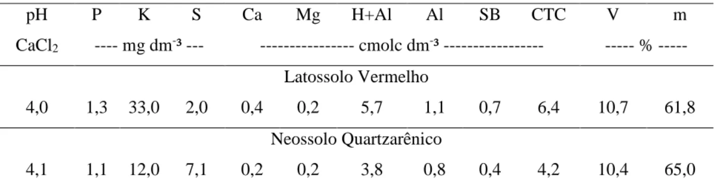 Tabela 2. Caracterização química do Latossolo Vermelho e do Neossolo Quartzarênico, coletados na profundidade de 0- 0-0,20 m de profundidade  pH  P  K  S  Ca  Mg  H+Al  Al  SB  CTC  V  m  CaCl 2 ---- mg dm - ³ ---  ---------------- cmolc dm - ³ -----------