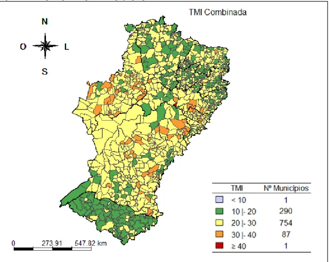 Figura  3:  Distribuição  espacial  da  TMI  obtida  pela  combinação  das  estimativas  da  Busca  Ativa  e  do  ADH,  segundo municípios que compõem o espaço geográfico do Semiárido brasileiro, 2010