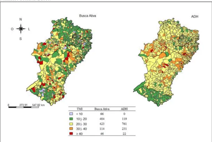Figura 1: Distribuição espacial da TMI, segundo municípios e fonte das informações, no espaço geográfico do  Semiárido Brasileiro, 2010