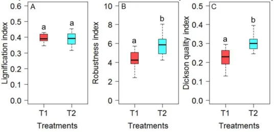 Figure  5.  Mean values  of  lignification  index (A),  robustness  index  (B),  and  the  Dickson  quality  index  (C)  of  Bertholletia  excelsa  seedlings  produced  in  forest  nursery  (T1)  and  sub-irrigation  chamber  (T2)