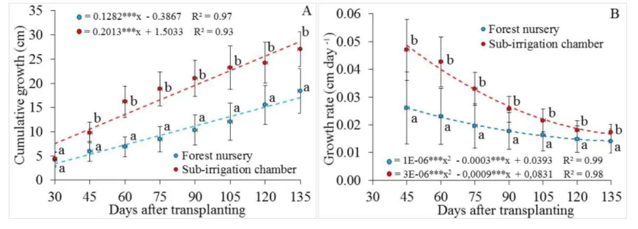 Figure  2.  Cumulative growth in  height  (A)  and growth  rate  in  height  (B)  of  Bertholletia excelsa  seedlings  in  forest nursery (T1) and sub-irrigation chamber (T2) as a function of time after transplanting