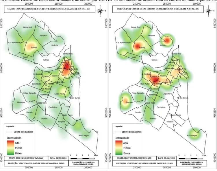 Figura 01: Mapa de Densidade Kernel de casos confirmados e de óbitos por COVID-19 em idosos de acordo com os bairros do município de Natal/RN