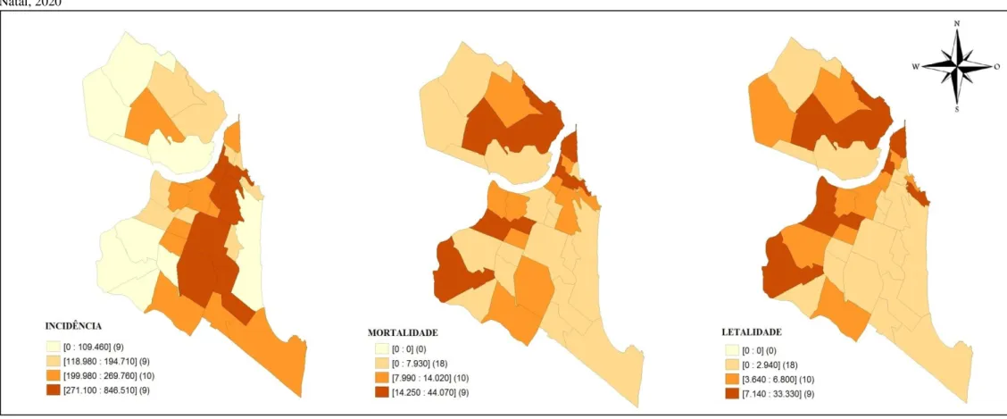 Figura 02: Distribuição espacial das taxas acumuladas de incidência, mortalidade e letalidade por COVID-19 na população geral de acordo com os bairros do município de Natal/RN